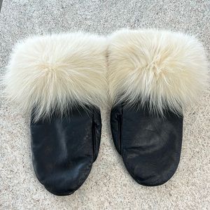 Black, genuine, leather, rabbit fur cuffed and fully fur-lined mittens.